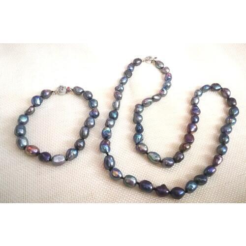 Women Jewelry set 20'' 50cm necklace 9x10mm black blue gray purple baroque pearl handmade bracelet natural freshwater pearl