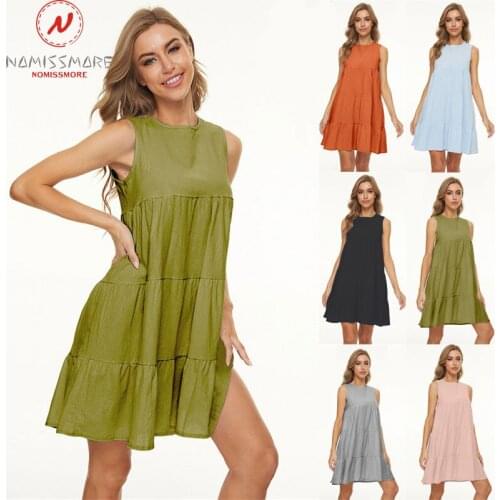 Fashion Women Summer Solid Color A-Line Dress for Streetwear Hollow out Design Button Decor O-Neck Sleeveless Casual Loose Dress