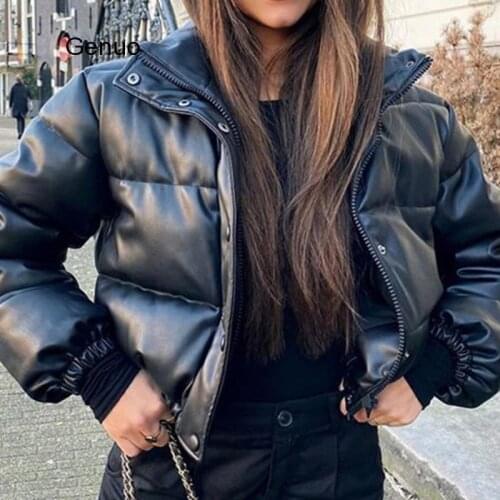 Winter Womens Jacket Female Thick Warm Short Parkas Fashion Black PU Leather Coats Women Elegant Zipper Cotton Jackets Top