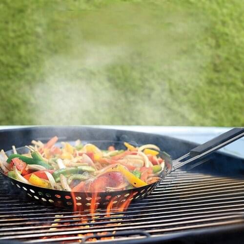 Outdoor Camping Foldable Round Frying Pan Picnic BBQ Heat Resistant Steak Seafood Grilled Skillet Black Folding Handle1pcs