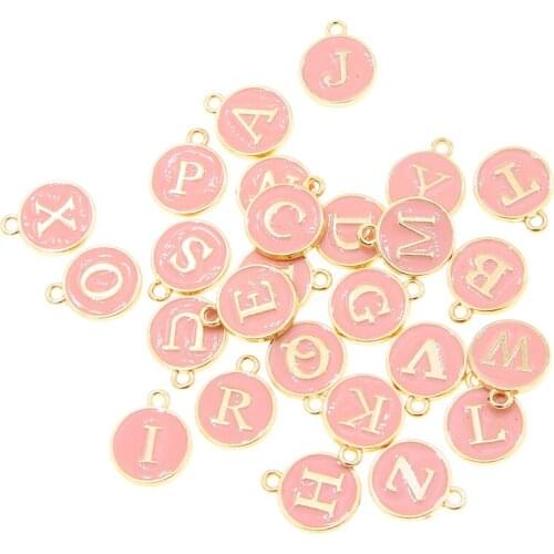 10pcs/26pcs Alphabet Letter Double Face Pink Enamel Charms KC Gold color 12*15mm pendants jewelry making Handmade craft