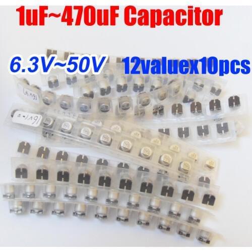 12valuesX10pcs=120pcs SMD 6.3V~50V 1uf~470uf Aluminum Electrolytic Capacitor Assortment Kit Pack for Computer Motherboard