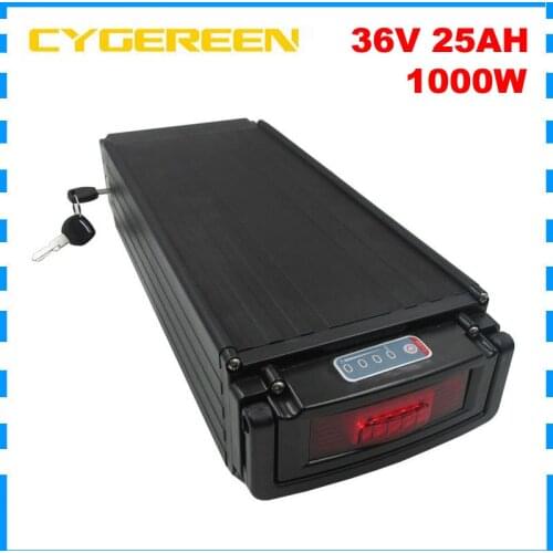 36V 25AH Ebike Rear Rack battery 1000W 36 V 20AH 22AH lithium battery pack with tail light 18650 cell 30A BMS 2A Charger