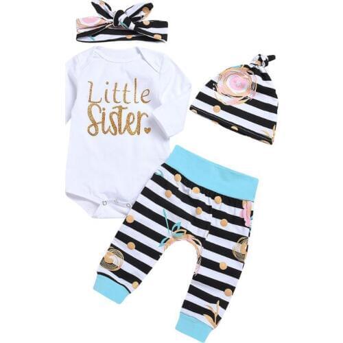 4pcs/Set Newborn Baby Clothes Set Girls Cute White Long Sleeve O-neck Leeter Print Romper + Pants + Hat + Headband Outfits Suit