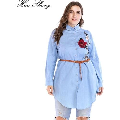 4XL 5XL 6XL Plus Size Women Shirts 2018 Spring Autumn Long Sleeve Shirt Blue Embroidery Floral Belted Irrgular Long Blouse Tops