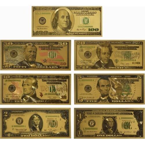 7pcs/lot US Gold foil Dollar Banknote Gold Silver Colorful Fake Money With 100 Dollar Envelope Packaging for Decoration Gift