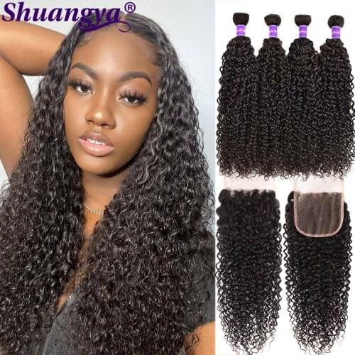 4 Pcs/Lot Peruvian Kinky Curly Bundles With Closure 3 Bundles With Middle/Free Part Closure Shuangya Remy Hair Miss Cara