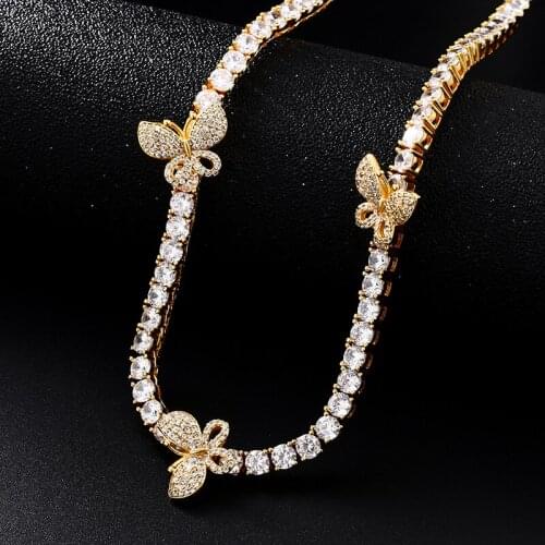 4mm Width Gold Color Copper Material Tennis Chain Bowknot Necklace Women Hip Hop Jewelry Fashion Cubic Zircon Chains Charm