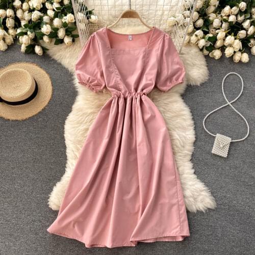 Croysier Summer Clothes For Women Dresses Elegant Vintage Square Neck Short Puff Sleeve Waist Back Tie Chic Casual Midi Dress