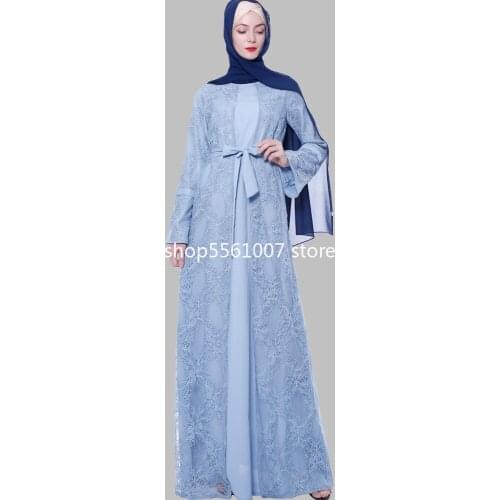 Fake Two Pieces Long Dress Long Sleeves False 2pc Maxi Lace Dress Flare Sleeves Women Muslim Abaya Modest Wear Turkey Dubai