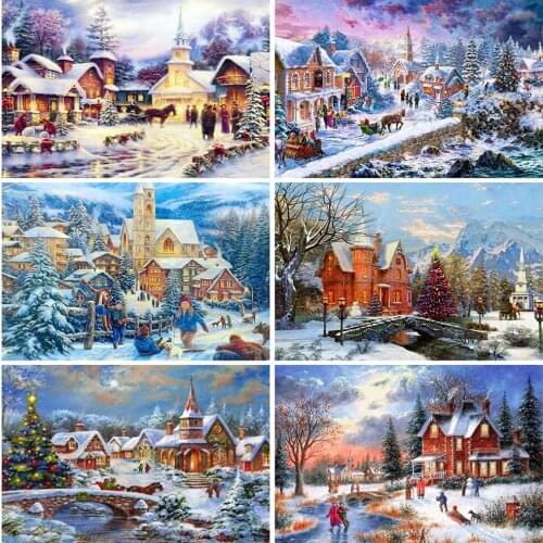 EverShine Full Square Diamond Embroidery Winter Diamond Painting Christmas Tree Cross Stitch Mosaic House Handmade Hobby