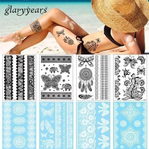 Glaryyears 5 Pieces/lot 14.6*20.7cm HLC Bracelet Body Tattoo Black White Henna Flower Lace Chain Temporary Tattoo Sticker Beauty