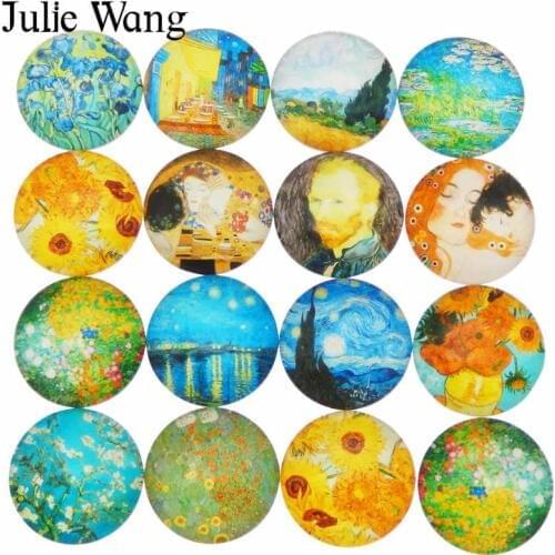 Julie Wang 8-30mm Glass Van Gogh Oil Painting Cabochons Round Photo Random Mixed Demo Fat Back Jewelry Making Accessory findings