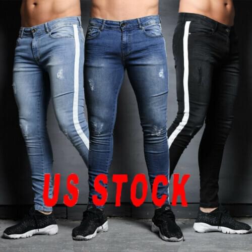 Mens Ripped Jeans Super Skinny Slim Fit Denim Pants Destroyed Frayed Trousers