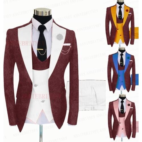 2021 Jacquard Burgundy Suit Men 3 Piece Formal Slim Fit Fashion Blazer Best Man Groom Wedding Tuxedo Jacket White Vest Pants Set