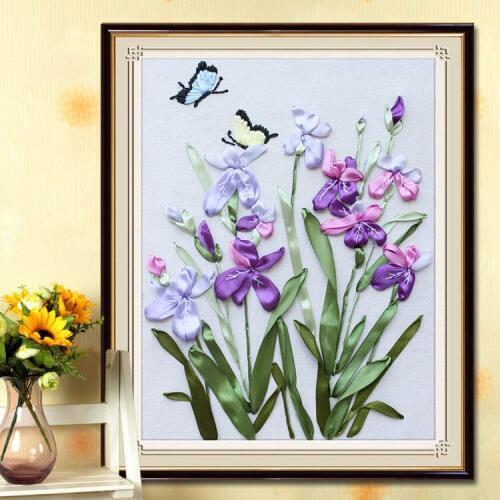 Needlework,DIY Ribbon Cross stitch Set for Embroidery kit,White daisy flowers vase ribbon Cross-Stitch handwork wedding decor