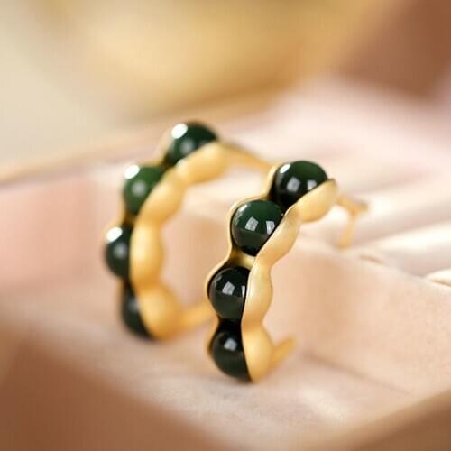 Natural and tianbiyu four beans Earrings Chinese retro court style unique ancient gold craft womens luxury silver jewelry