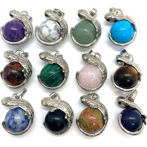 Natural Stone Gecko Hug Ball Pendant Amethyst Ball Necklace Pendant DIY Jewelry Making Necklace Exquisite Gift Size 21x28 Mm
