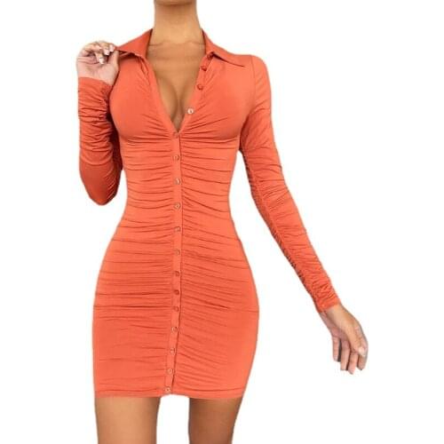 2021 Autumn Pleated Long-sleeved Tight Dress Womens Lapel Sexy Mini Dress Women Button Slim Bag Hip Party Vestidos