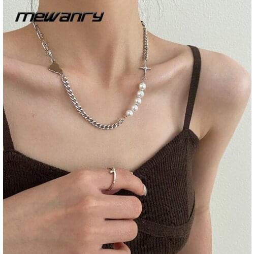 Mewanry 925 Sterling Silver Clavicle Chain Necklace for Women New Trend Elegant Sweet Cross Pearl Jewelry Gift Party Accessories