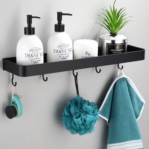 Bathroom Shelf Bath Shower Shelf with Hook Bar Bath Shampoo Holder Bathroom Corner shelf Black Aluminum Kitchen Storage holder