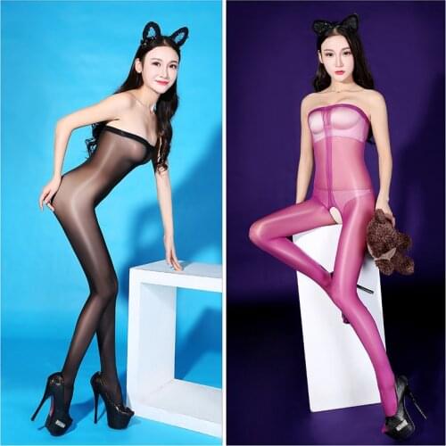 Sexy Women Sheer Glossy Thin Bodystocking Open Crotch Strapless Tights Pantyhose Transparent Crotchless Bodysuit