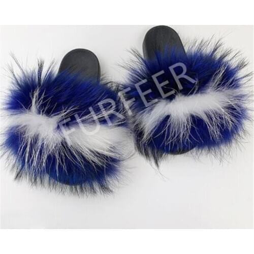 Wholesale Womens Winter Fluffy Fox Fur Slippers Real Raccoon Fur Sandals Indoor Home Furry Shoes Women Fur Slides Flip Flops 45