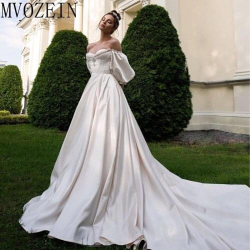 Vintage Wedding Dresses 2019 Satin Bridal Gowns Off The Shoulder Full Sleeves Hand-Beading Wedding Dress robe de mariage
