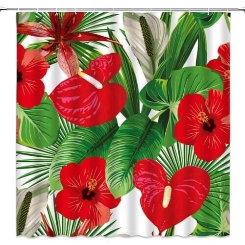 Red Flower Shower Curtains Floral Plant Green Leaf Spring Themed Pattern Bathroom Decor Home Bath Cloth Hanging Curtain Set