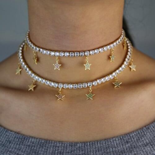 2020 iced out blinG hip hop women jewelry Gold cz tenniS chain with colorful rainbow cz Star charm 32+10cm choker necklaceS