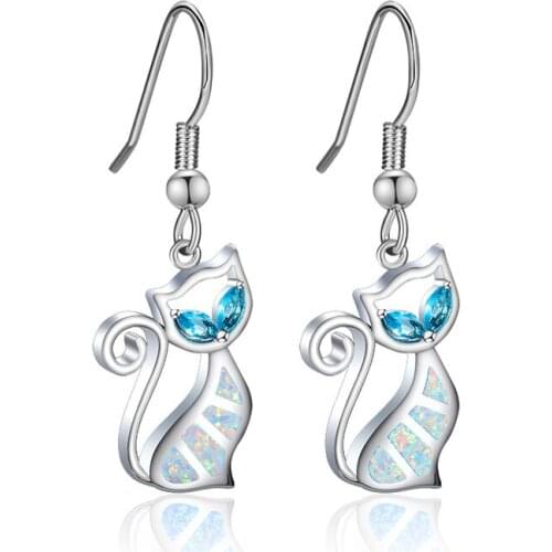 Boho Female Blue Crystal Drop Earrings Classic Silver Color Dangle Earrings Vintage Cat Opal Wedding Earrings For Women
