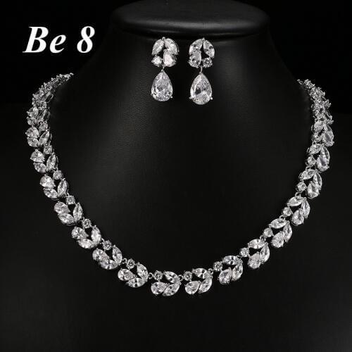 Be8 Brand Luxury Shiny Crystal Full CZ Women Bridal Jewelry White Gold Color Earring Necklace Set For Female Accessories S-016