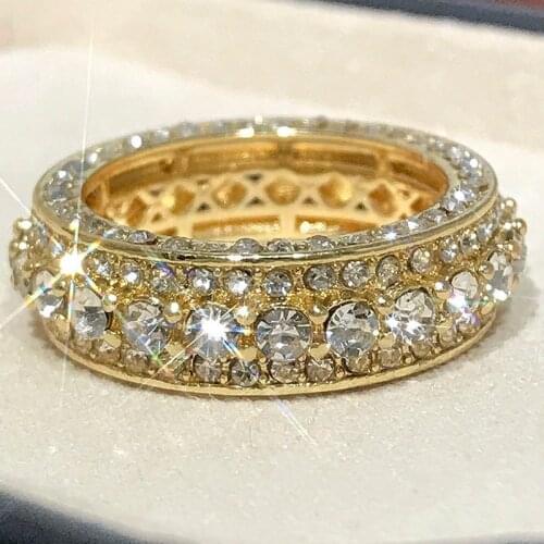 Fashion Gold Color Crystal Zircon Womens Ring Inlaid Rhinestone Round Female Ring for Wedding Jewelry Accessories Size 5-11