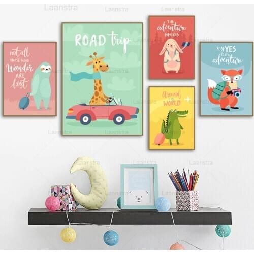 Cartoon Canvas Painting Cute Animal Traveller Home Decoration Poster Road Trip Wall Picture Living Room Crocodile Otter Wall Art