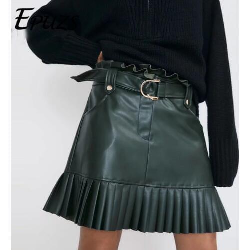 Winter chic PU leather skirt women bow tie belt pockets pleated skirt casual high waist black skirt 2019