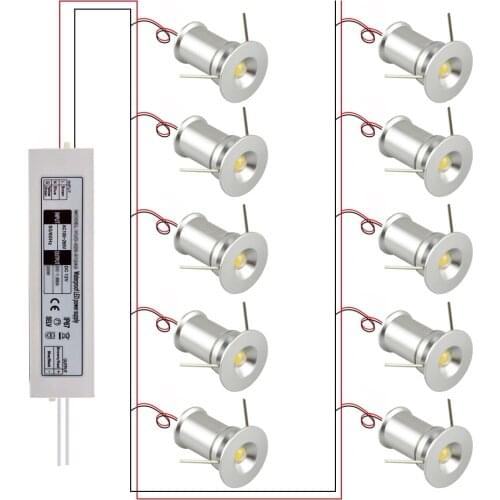 10pcs 1W DC12V IP65 Mini LED Spot Light Ceiling Spotlight Cabinet Lighting Black White Silver Shell Downlight with Transformer