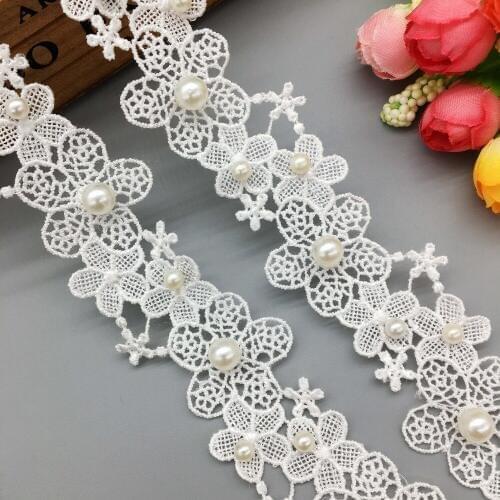 2 Yard Vintage Flower Beaded Pearl Lace Trim African Ribbon Fabric Wedding Dress Clothes Handmade Applique DIY Sewing Craft