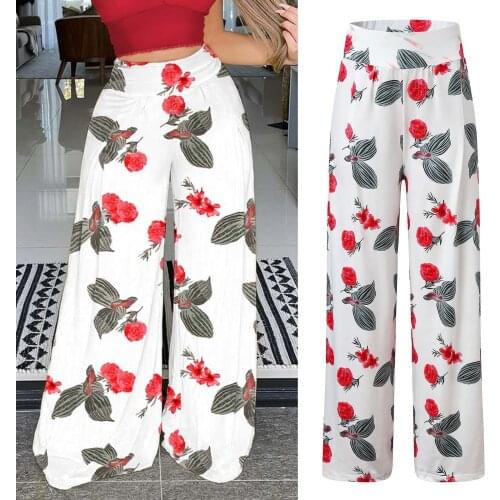 2021 Summer Beach Long Pants Women Casual Easy Trousers Boho Printing Elastic High Waist Wide Leg Pants Pantalones De Mujer