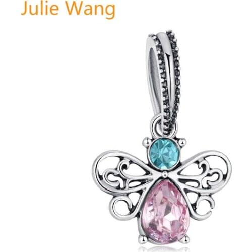Julie Wang 5PCS Butterfly Bead Charms Rhinestone Silver Color Zinc Alloy Bracelet& Bangles Necklace Jewelry Making Accessory