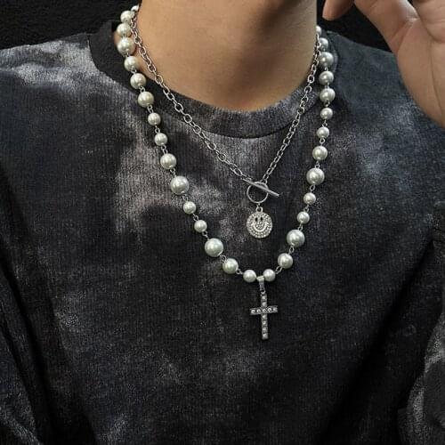 Trendy Luxury Cross Smiley Crystal Pendant Pearl Chain Choker Necklace for Men Gothic Collar Necklaces Christmas Jewelry Charm