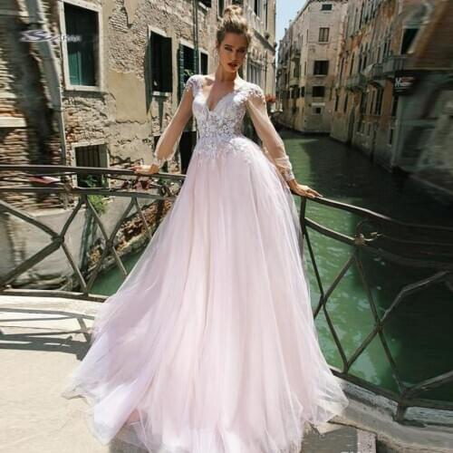 New V-neck Appliques Lace Illusion Long Sleeve Wedding Dresses 2020 vestido de casamento A-line Court Train Wedding Gowns