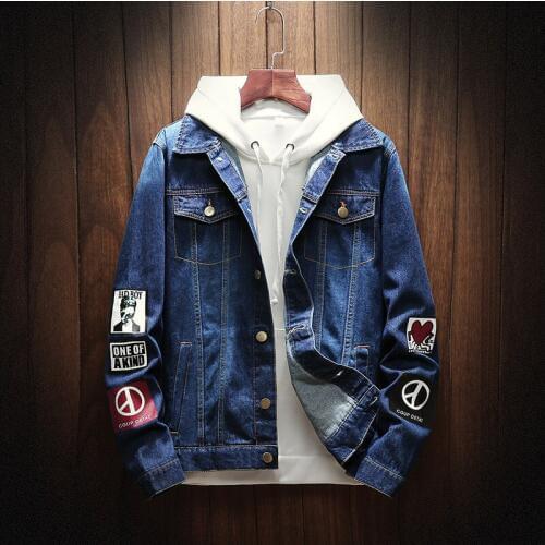 High Street Men Denim Coat Casual Slim Printed Bomber Jacket Plus Size 4XL Teenager Male Single Breasted Blue College Outerwear