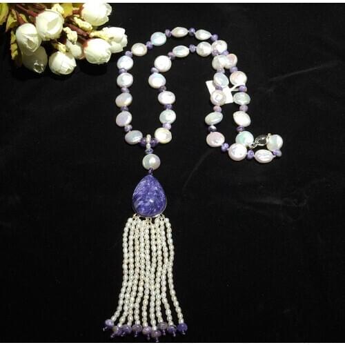 Lii Ji Real 925 Sterling Silver Pearl Tassels Necklace Charoite Pendant Necklace 59cm/24inches Women Jewelry