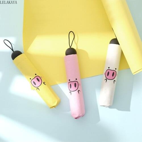 Cartoon Cute Pig Pattern Umbrella For Women Girls Action Figure Three Folding Black Coating Anti-UV Sunny And Rainy Umbrellas
