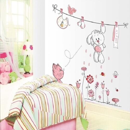 Pink cartoon cat rabbit flower wall sticker for kids rooms baby girls home decoration decal mural nursery kids bedroom poster