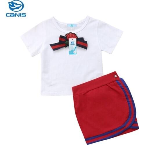 1-5Y 2019 Summer Fashion Toddler Kids Baby Girls Bow Flower Tie T-shirt Tops+Skirt 2PCS Outfits Children Girls Clothes Set