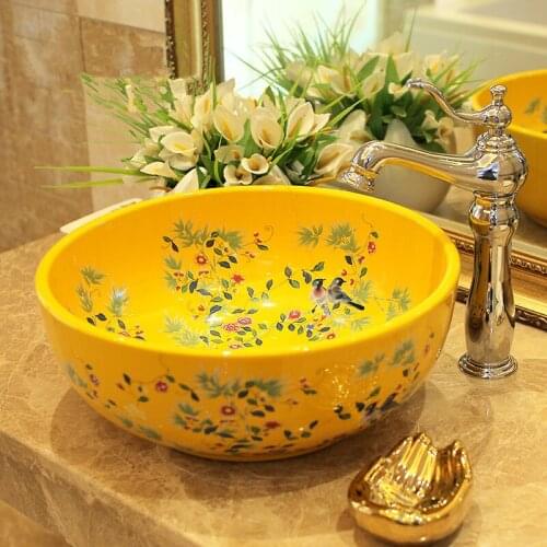 Porcelain wash basin sink ceramic basin sink Counter Top Wash Basin bathroom ceramic counter top wash basin yellow