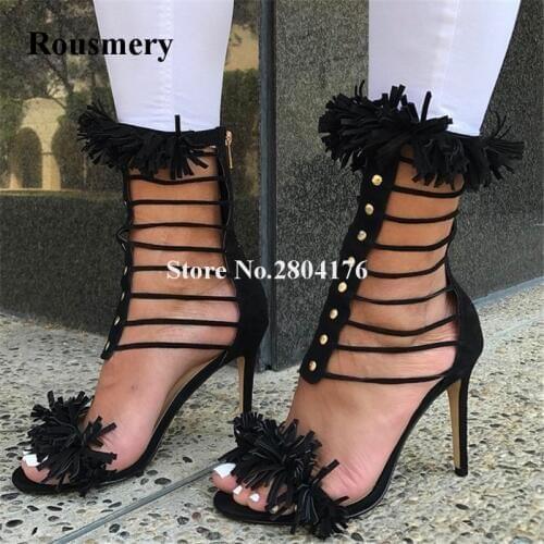 Women Elegant Open Toe Suede Leather Tassels Rivet Gladiator Sandals Cut-out Fringes High Heel Sandals Dress Shoes