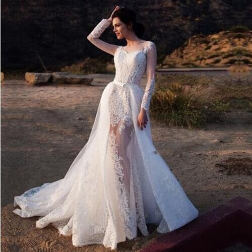 2 In 1 Long Sleeve Illusion Sexy Mermaid Wedding Dresses With Detachable Train Fashion Europe Style Wedding Dress W0083