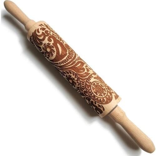 Embossed Rolling Pins for Christmas, Pattern Flower Snowflake Rattan Wooden Roll Pin Rolling Pin DIY Tool